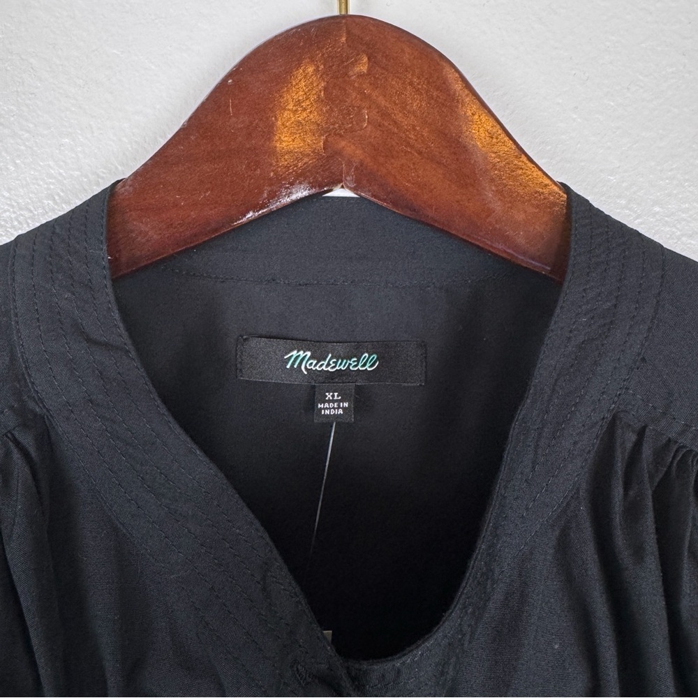 Madewell Poplin Shirred Button Up Cotton Short Sleeve Shirt Black Size XL NWT - Picture 7 of 8